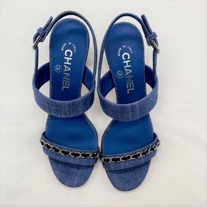 Chanel Blue Denim Heeled Sandals with Silver and Black Chain Accent